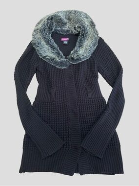 Say What? Black Knit Cardigan with Faux Fur Collar